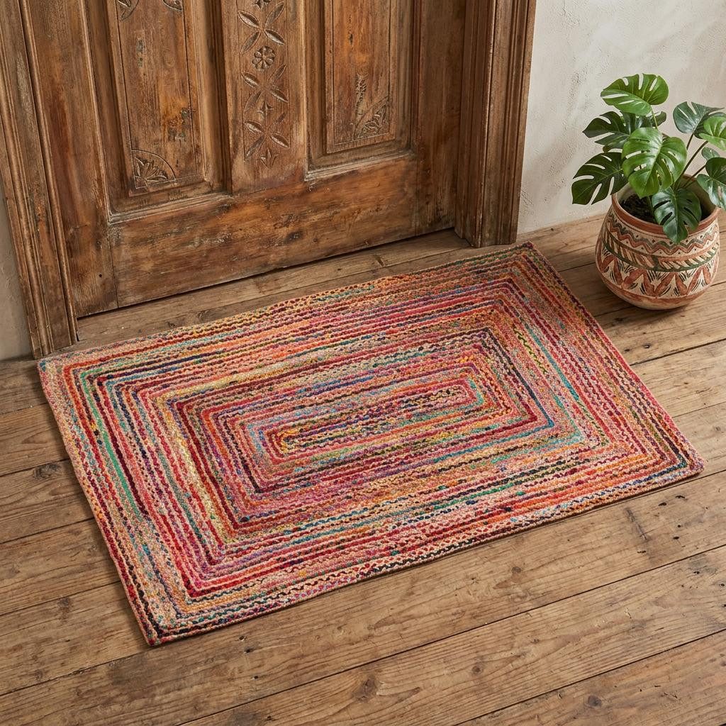Multicolor Cotton and Jute Braided Area Rug, 3′ × 5′