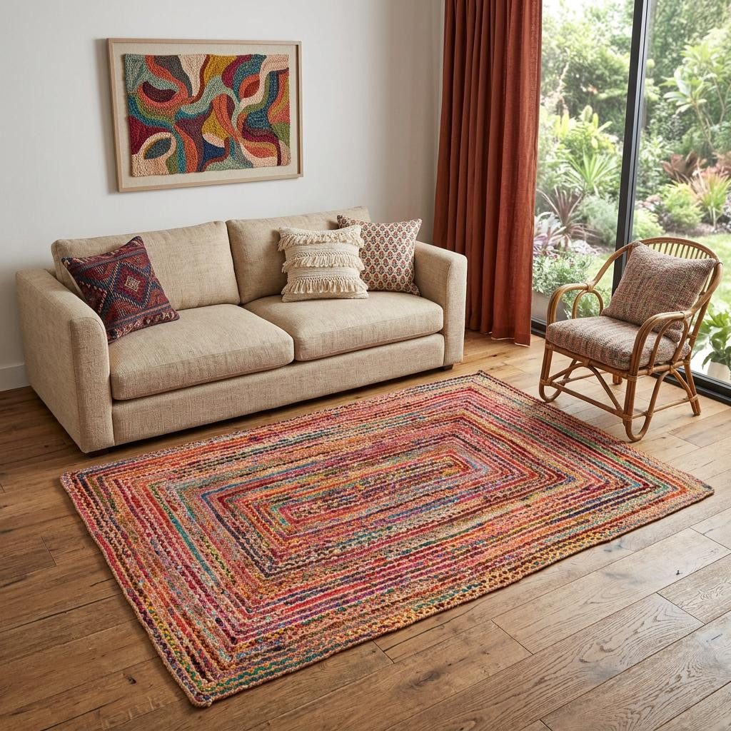 Multicolor Cotton and Jute Braided Area Rug, 5′ × 8′