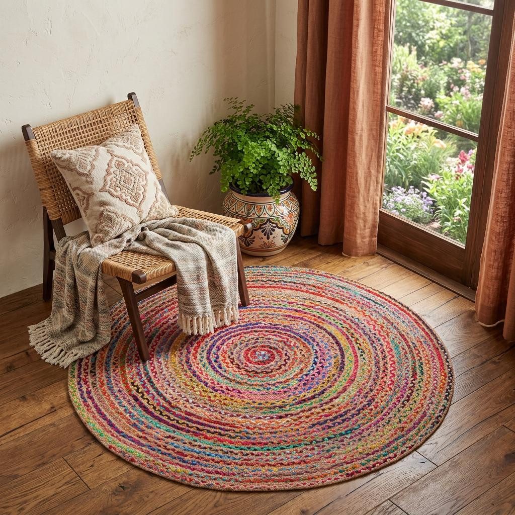 Multicolor Cotton and Jute Braided Area Rug, 5′ Round