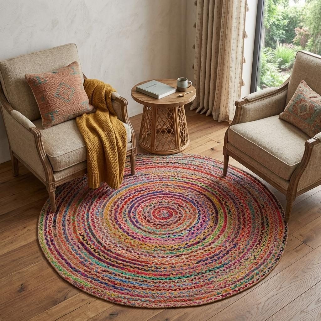 Multicolor Cotton and Jute Braided Area Rug, 7′ Round