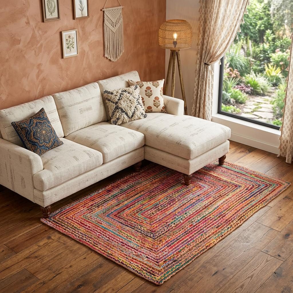 Multicolor Cotton and Jute Braided Area Rug, 8′ × 10′
