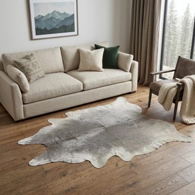 6′ X 7′ White and Gray Cowhide Area Rug