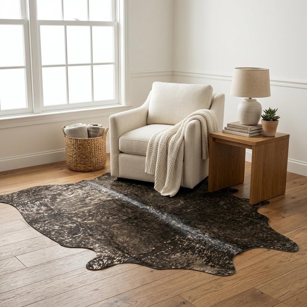 5′ X 7′ Black and Copper Gold Cowhide Area Rug