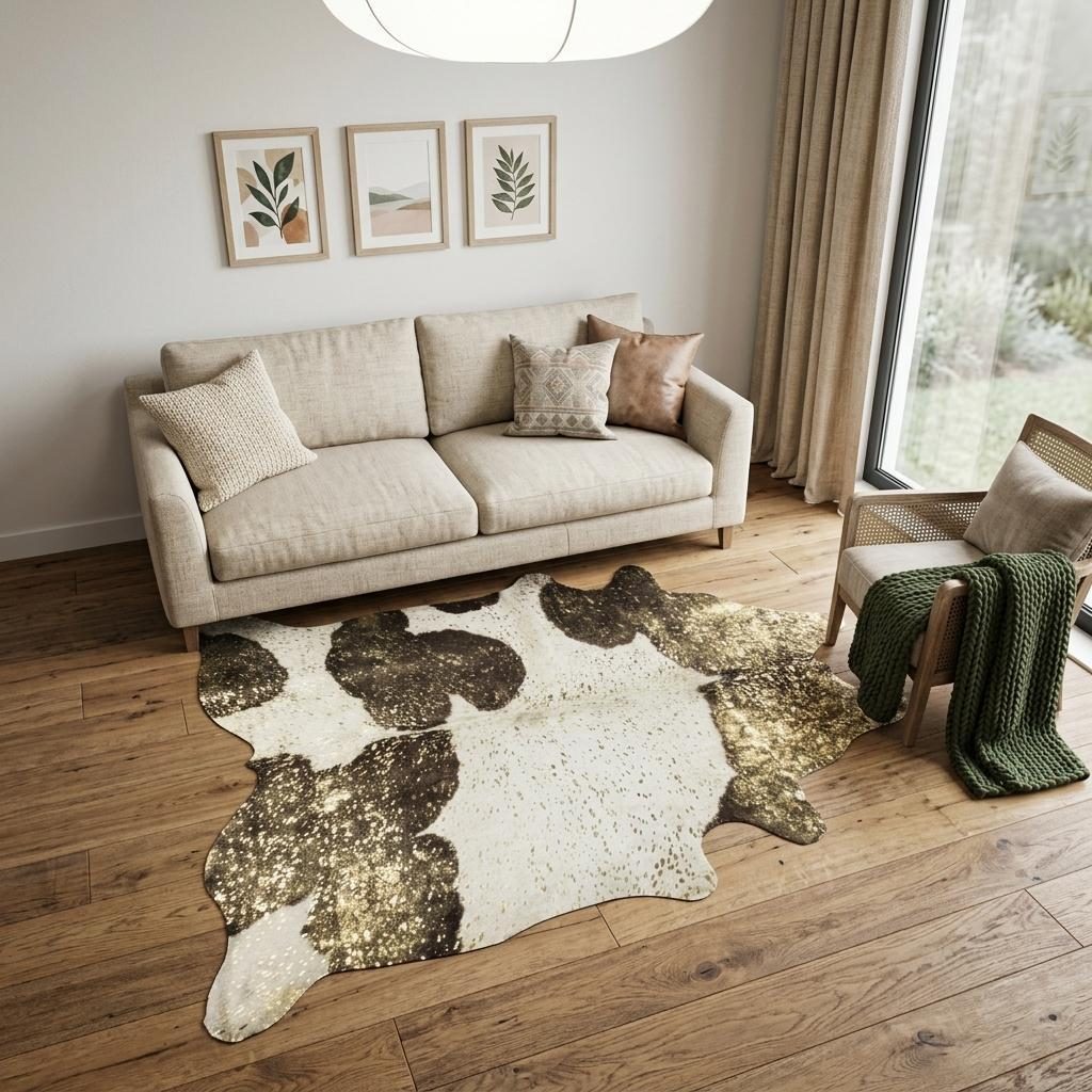 5′ X 7′ Ivory Brown and Gold Cowhide Area Rug