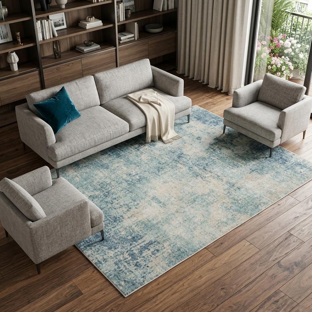 9′ X 12′ Blue and Ivory Abstract Washable Area Rug