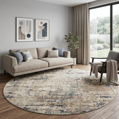 10′ Beige and Gray Abstract Power Loom Round Rug