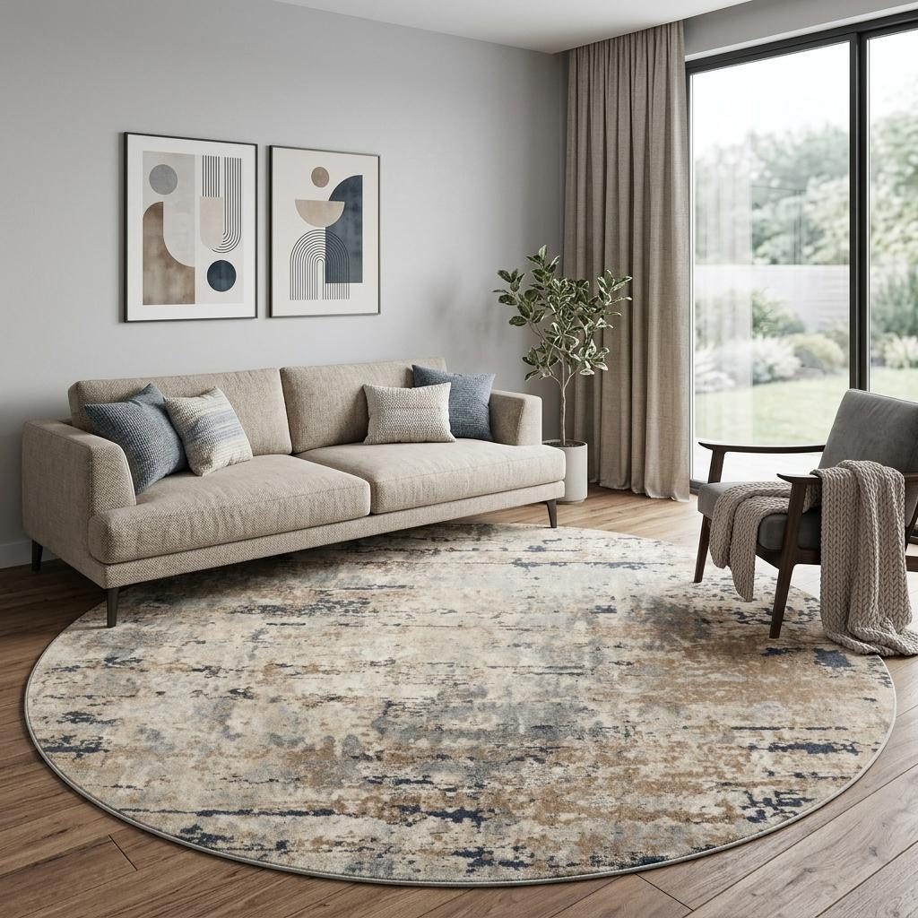 10′ Beige and Gray Abstract Power Loom Round Rug
