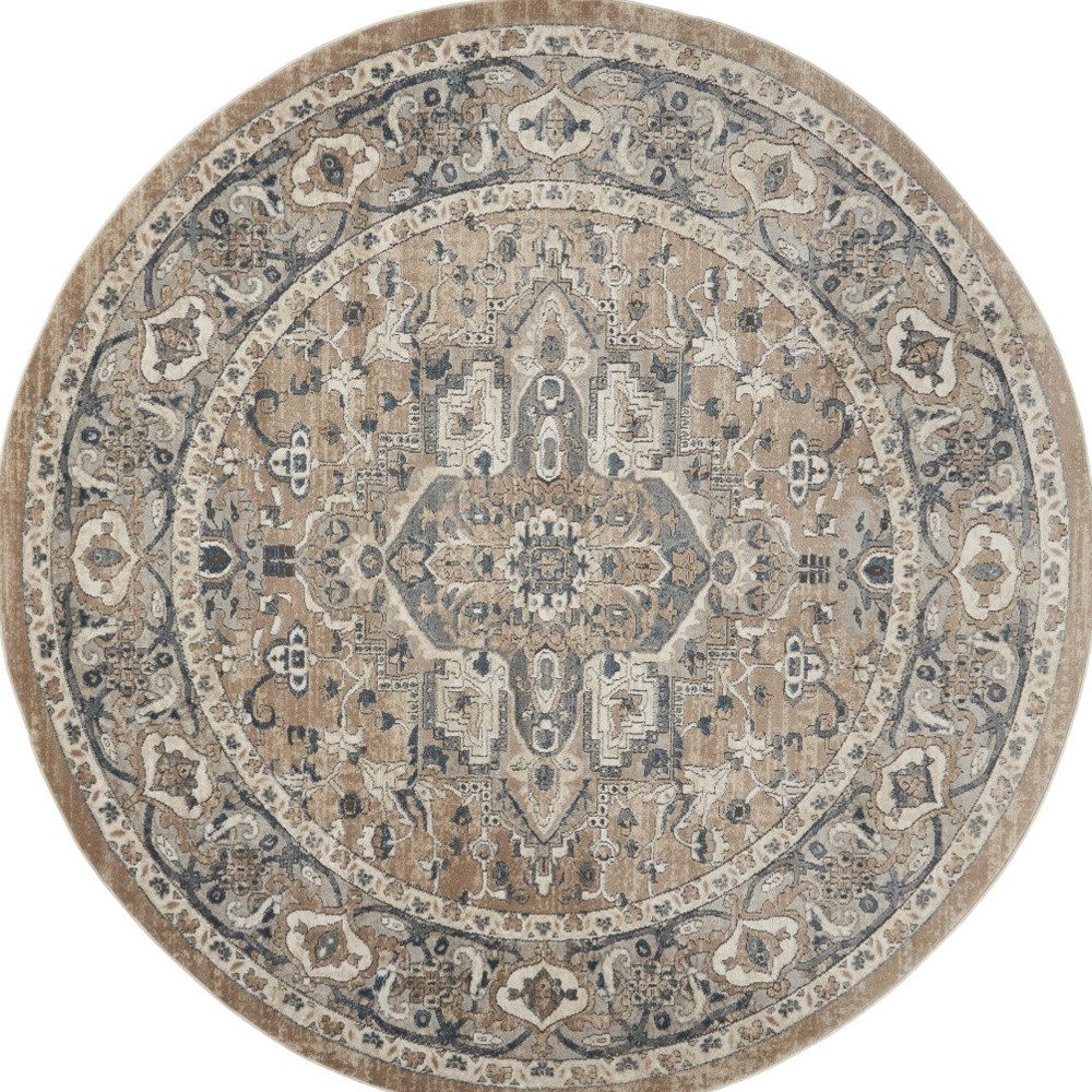 10′ Beige and Gray Distressed Medallion Round Rug