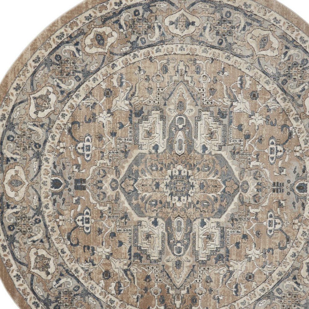 10′ Beige and Gray Distressed Medallion Round Rug