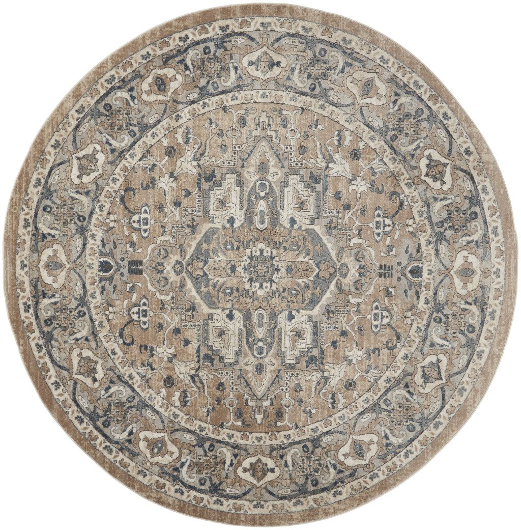 10′ Beige and Gray Distressed Medallion Round Rug