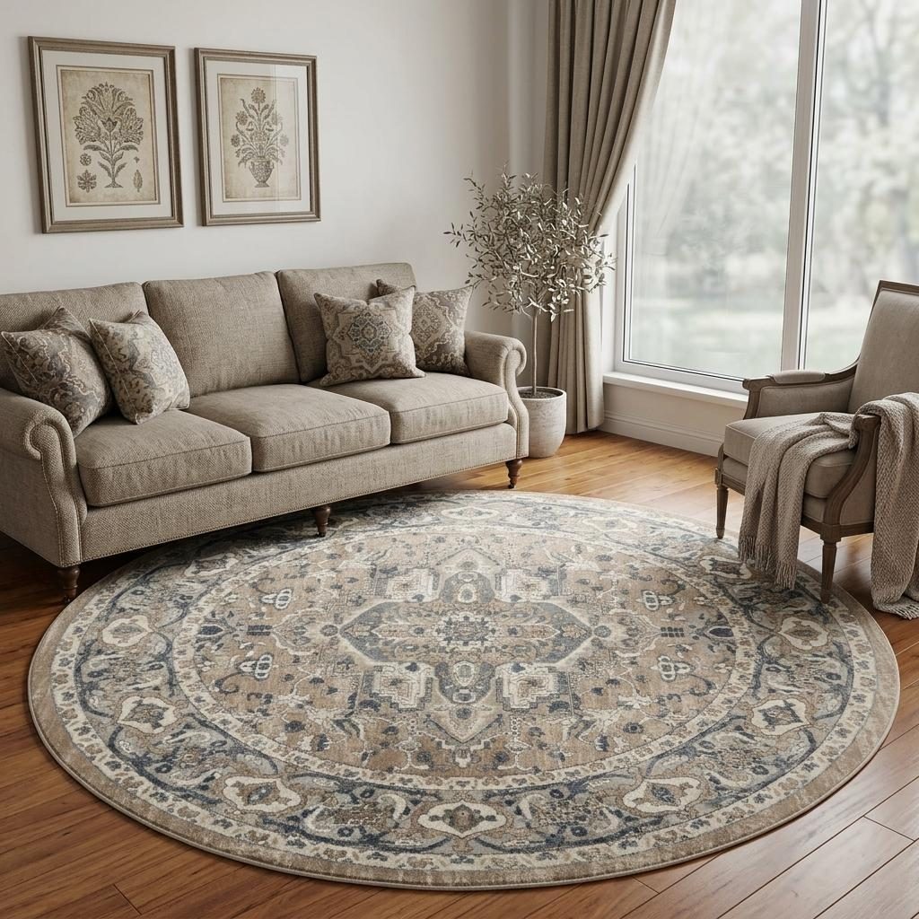 10′ Beige and Gray Distressed Medallion Round Rug