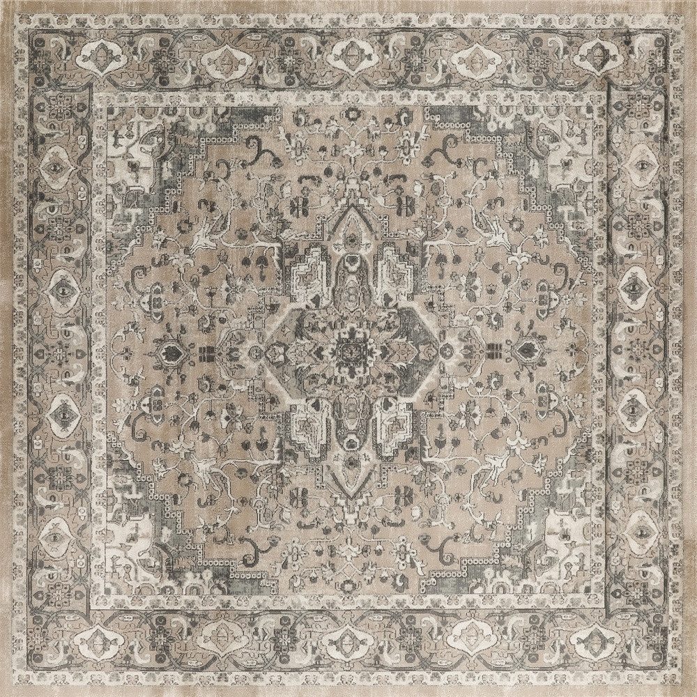 10′ Square Beige and Gray Distressed Medallion Area Rug