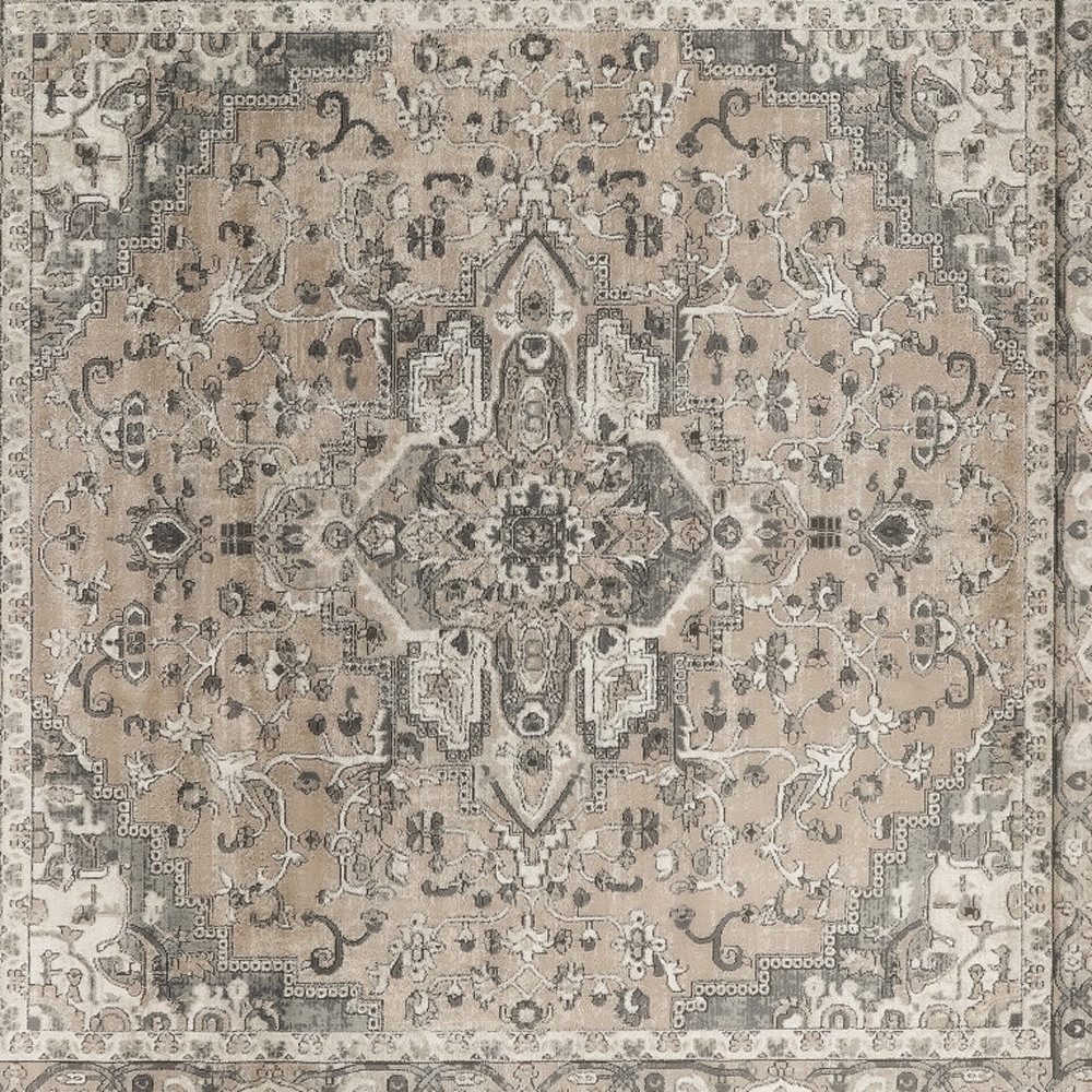 10′ Square Beige and Gray Distressed Medallion Area Rug