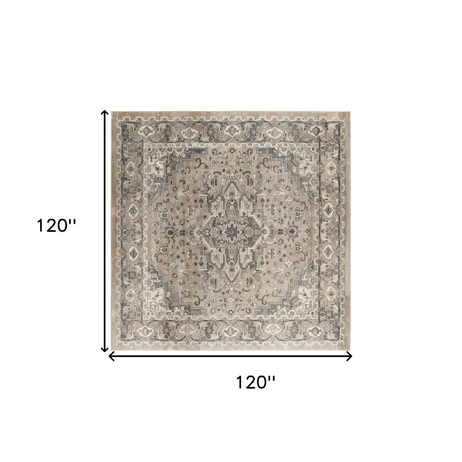 10′ Square Beige and Gray Distressed Medallion Area Rug