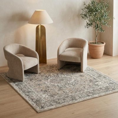 4′ Square Beige and Gray Distressed Medallion Area Rug