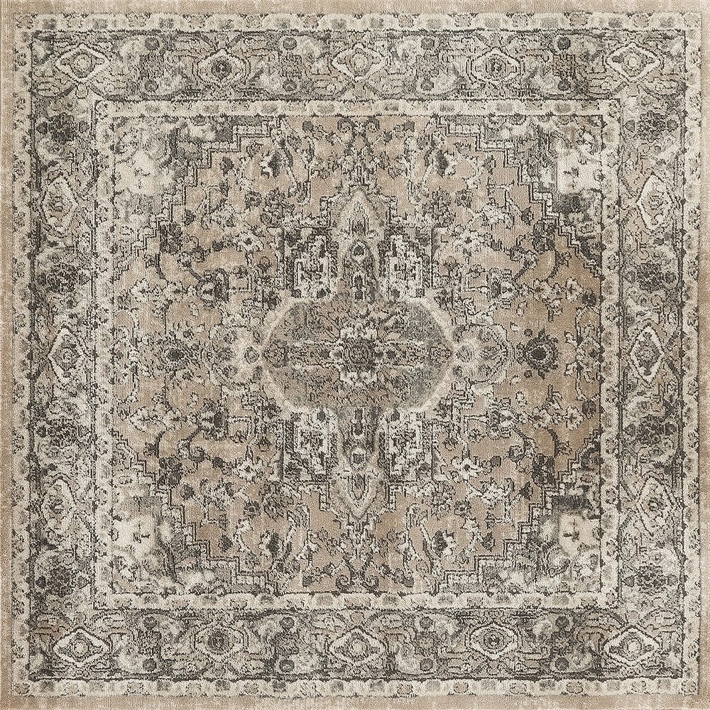 4′ Square Beige and Gray Distressed Medallion Area Rug