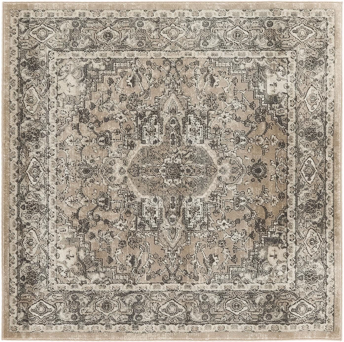 5′ Square Beige and Gray Distressed Medallion Area Rug