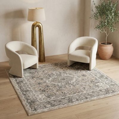 5′ Square Beige and Gray Distressed Medallion Area Rug