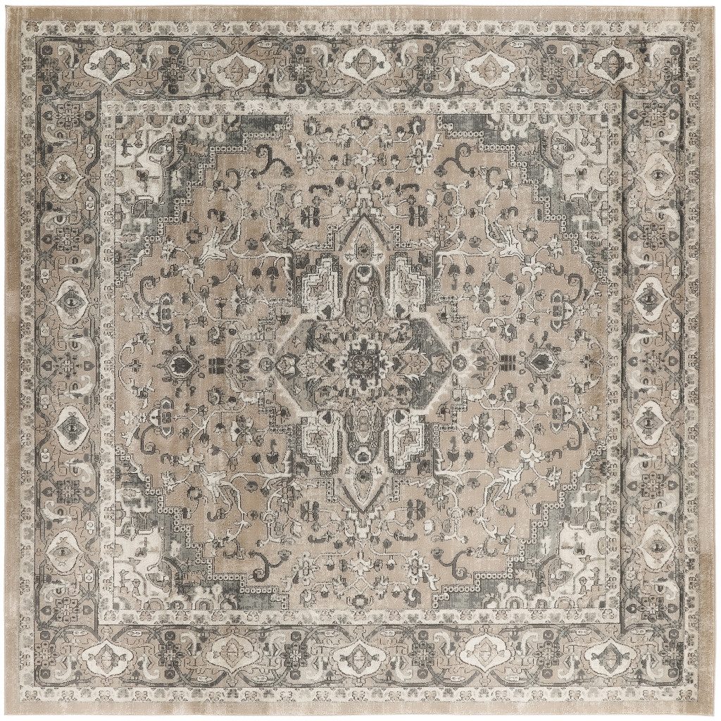 8′ Square Beige and Gray Distressed Medallion Area Rug