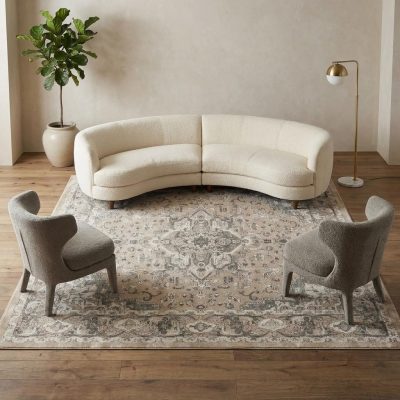 8′ Square Beige and Gray Distressed Medallion Area Rug
