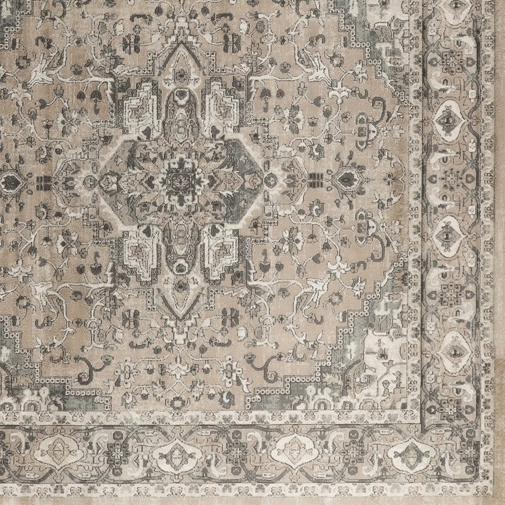 8′ Square Beige and Gray Distressed Medallion Area Rug
