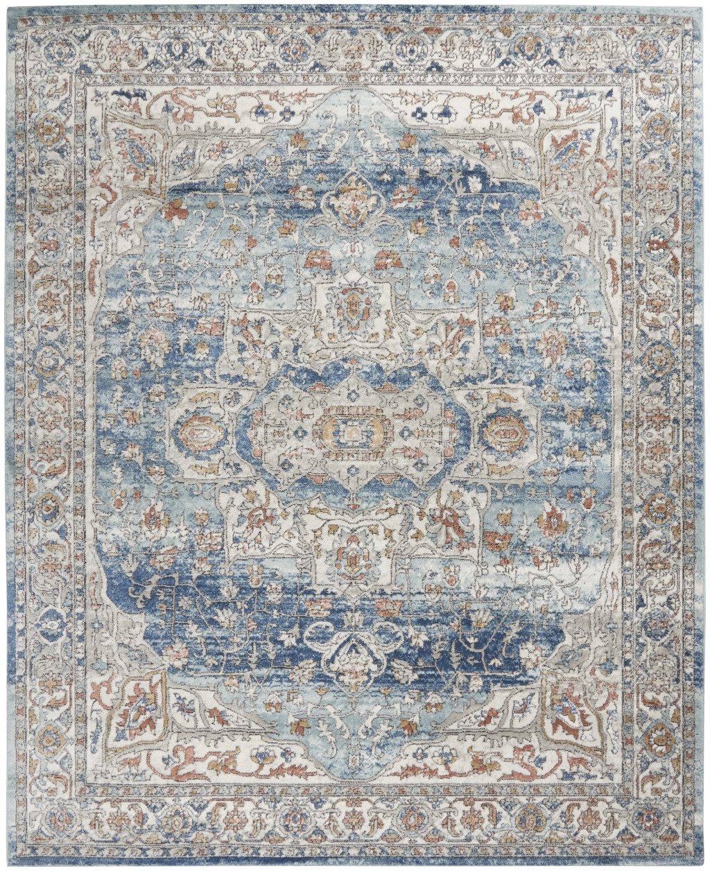 7′ X 10′ Blue and Ivory Distressed Medallion Area Rug