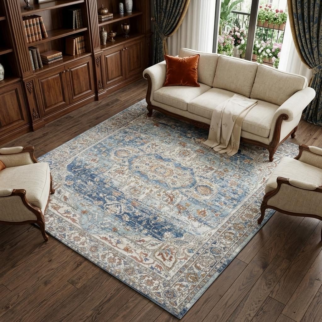 7′ X 10′ Blue and Ivory Distressed Medallion Area Rug