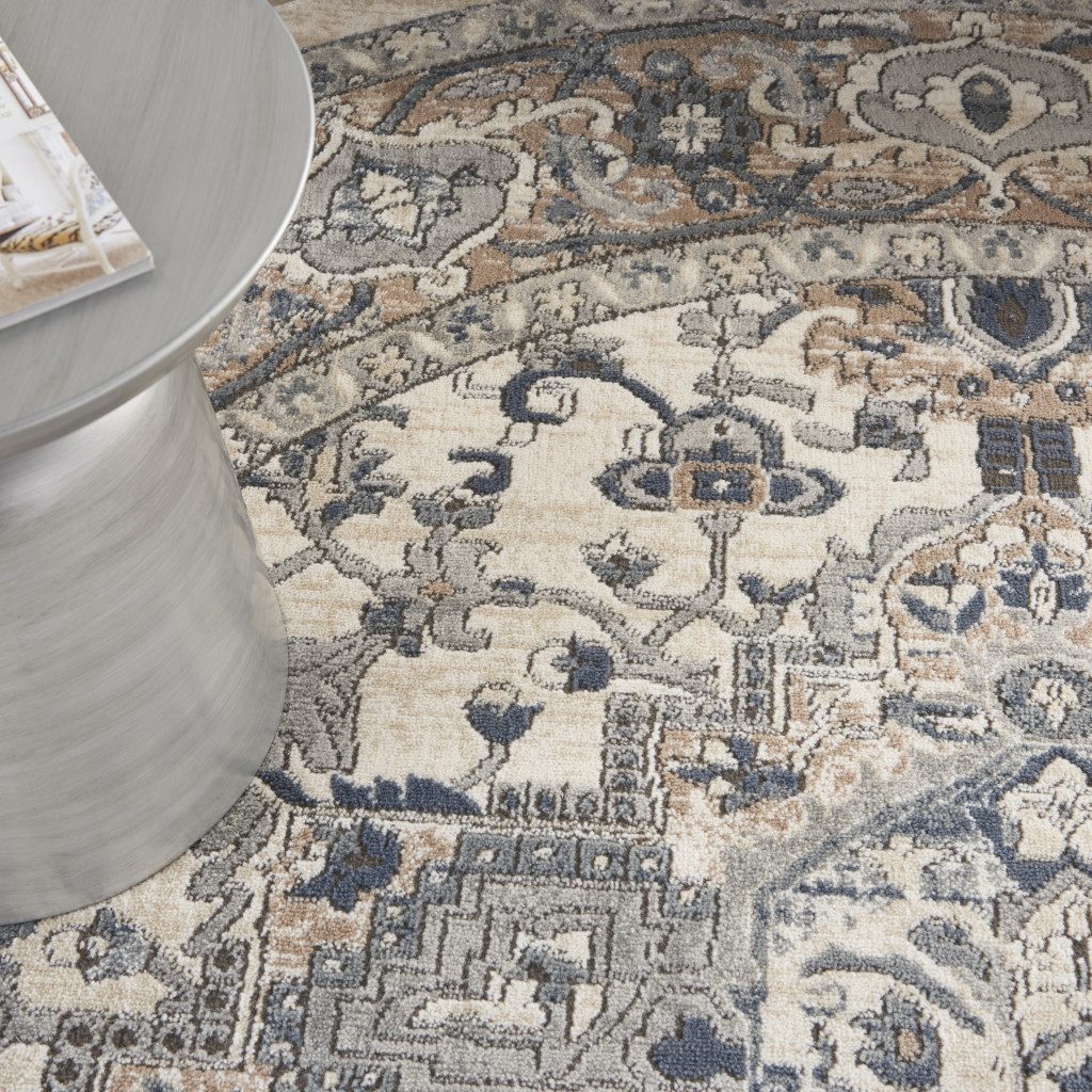 10′ Gray and Ivory Distressed Medallion Round Rug