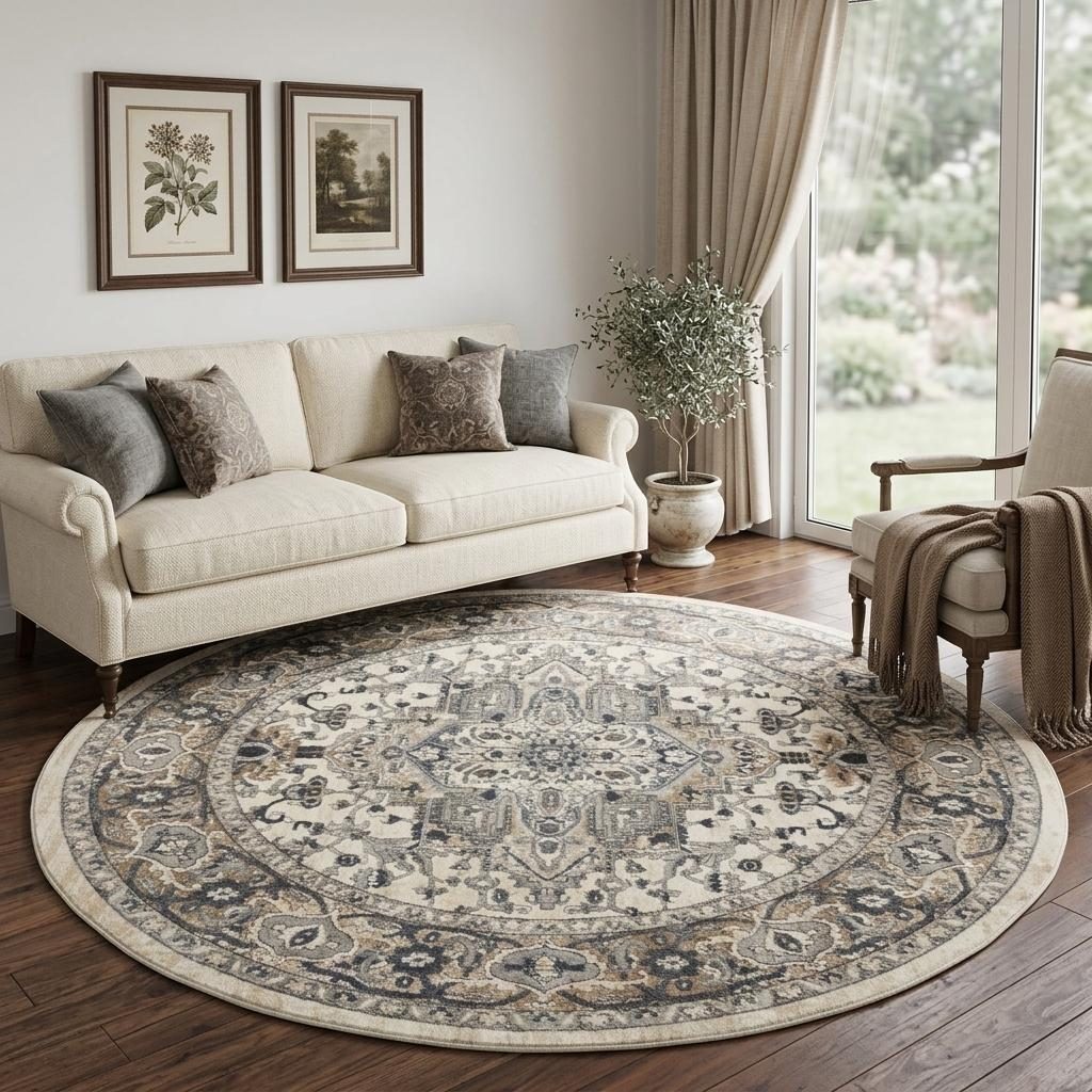 10′ Gray and Ivory Distressed Medallion Round Rug