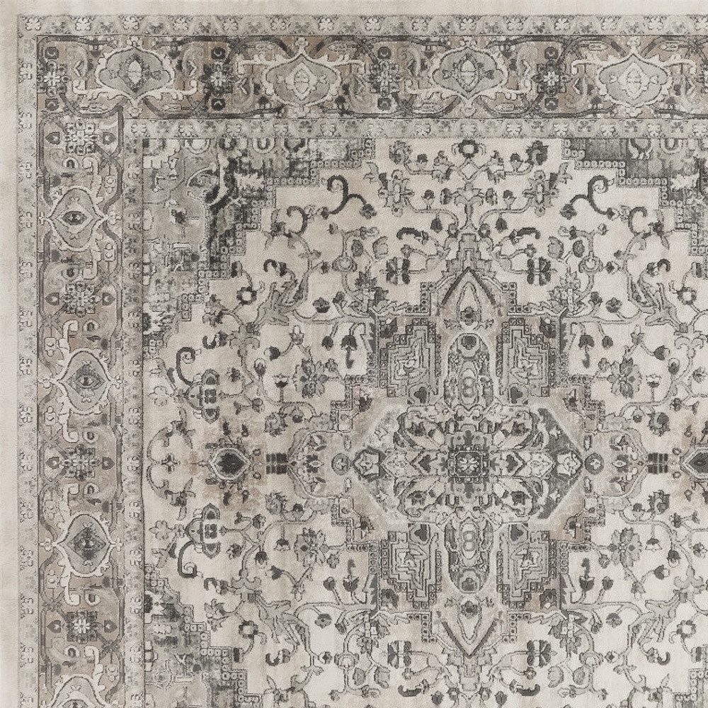 10′ Gray and Ivory Square Distressed Medallion Area Rug
