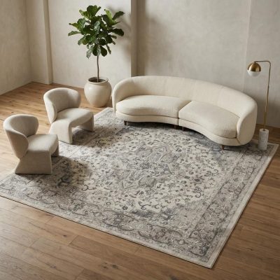 10′ Gray and Ivory Square Distressed Medallion Area Rug