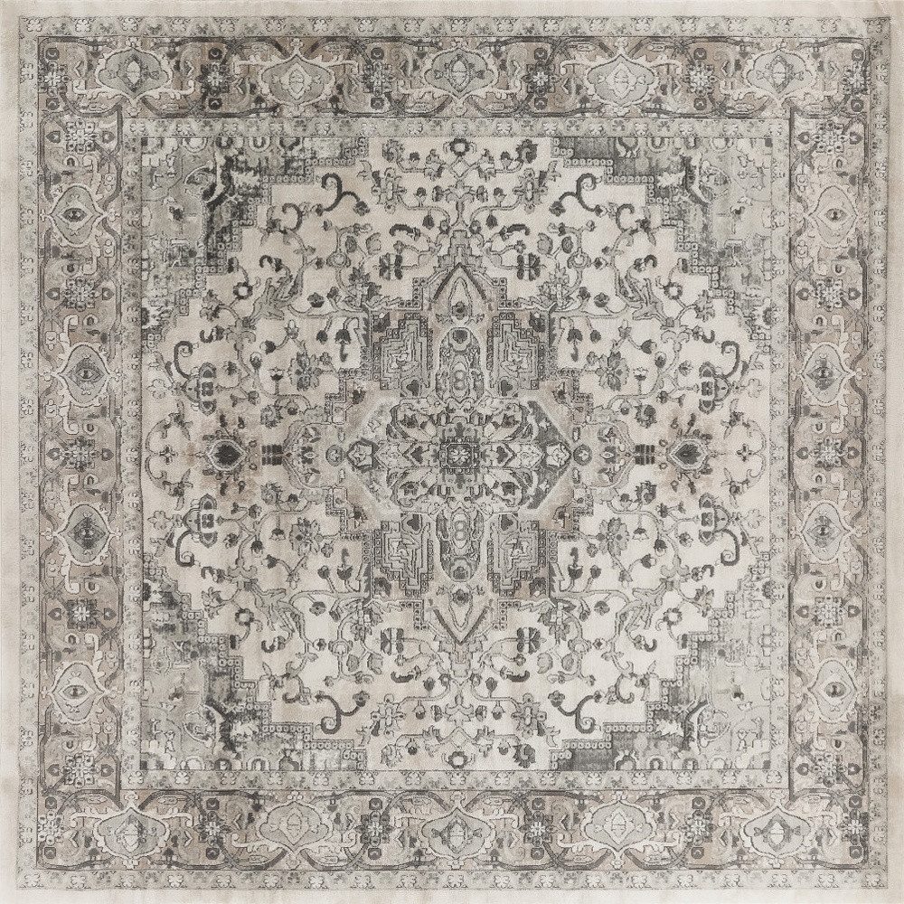 10′ Gray and Ivory Square Distressed Medallion Area Rug