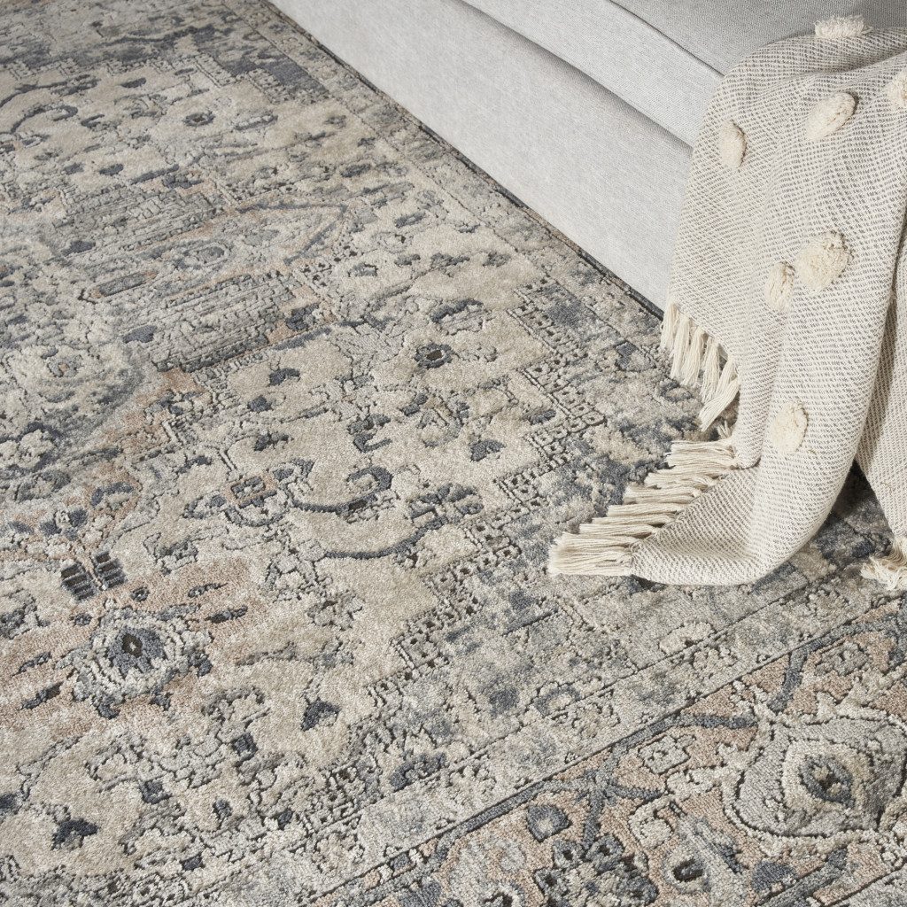 10′ Gray and Ivory Square Distressed Medallion Area Rug