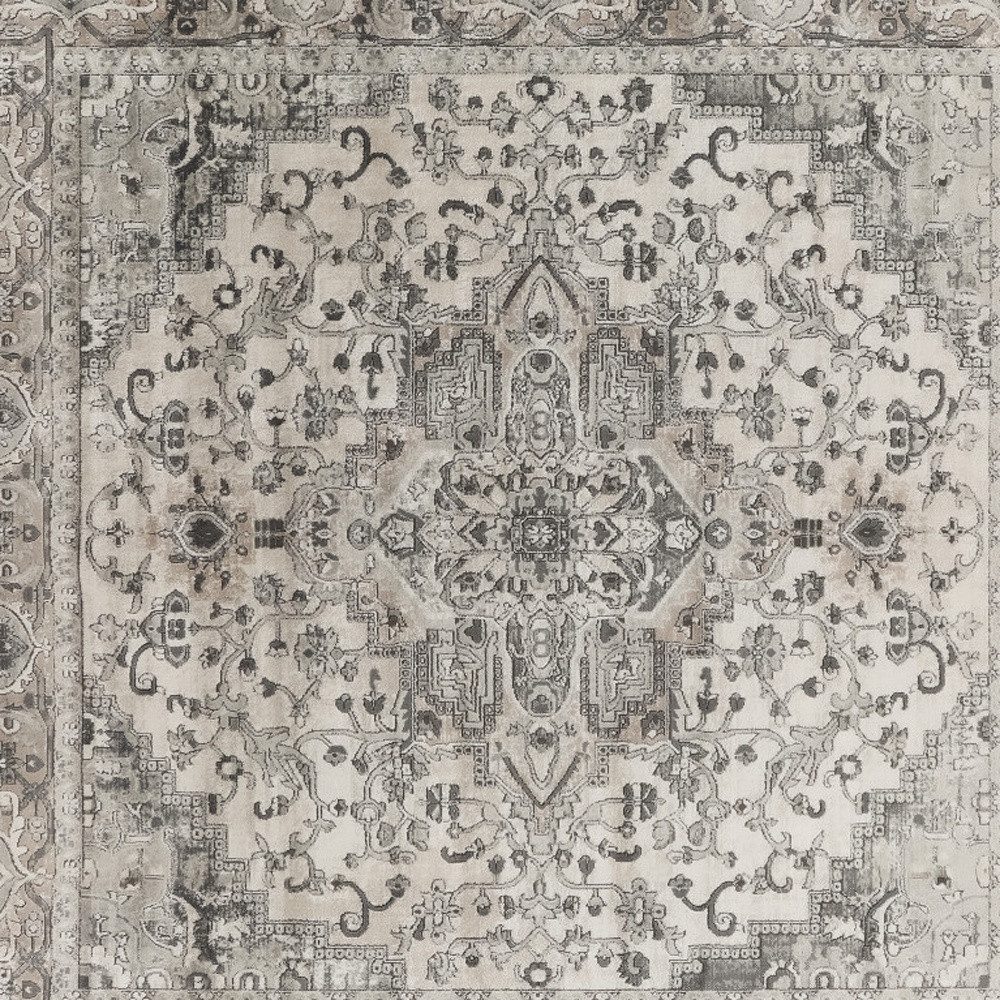 8′ Gray and Ivory Square Distressed Medallion Area Rug