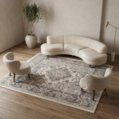 8′ Gray and Ivory Square Distressed Medallion Area Rug