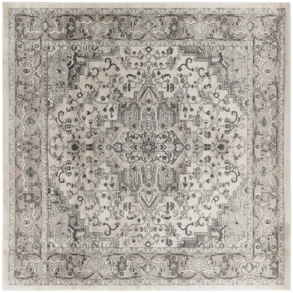 8′ Gray and Ivory Square Distressed Medallion Area Rug