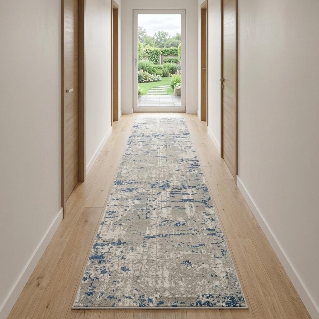 16′ Gray and Ivory Abstract Runner Rug