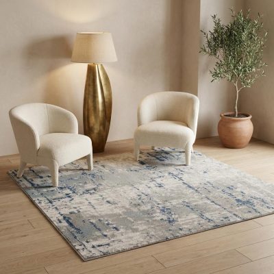 5′ Square Gray and Ivory Abstract Power Loom Area Rug