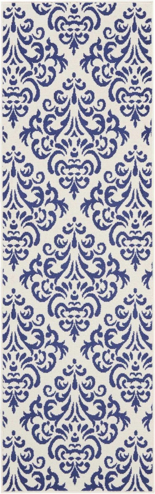 8′ Blue And White Damask Runner Rug