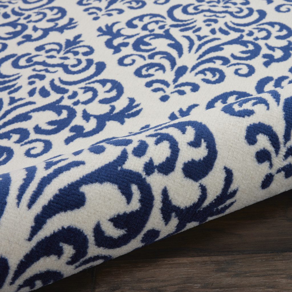 8′ Blue And White Damask Runner Rug