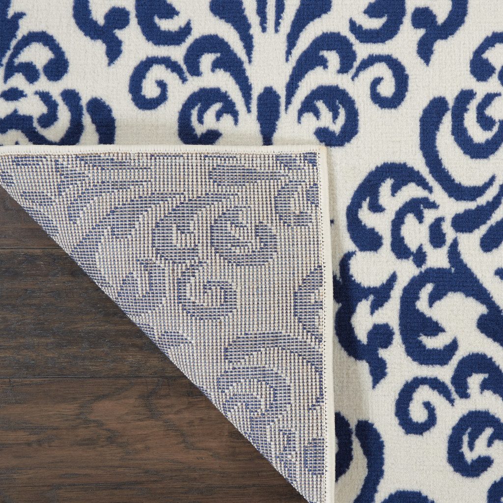 8′ Blue And White Damask Runner Rug