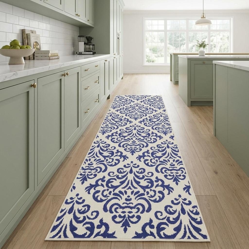 8′ Blue And White Damask Runner Rug