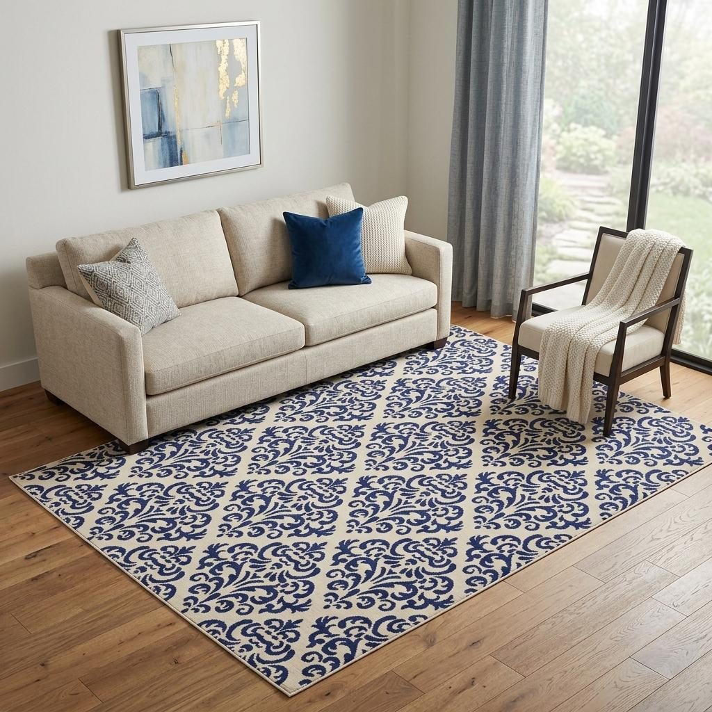 5′ X 7′ Blue And White Damask Area Rug