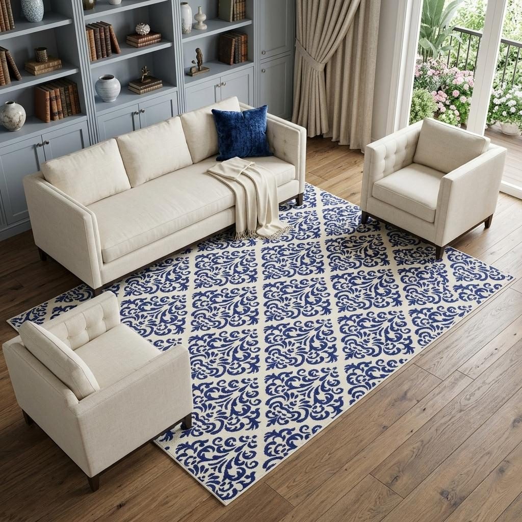 6′ X 9′ Blue and White Damask Area Rug