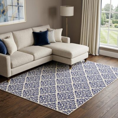 8′ X 10′ Blue and White Damask Area Rug