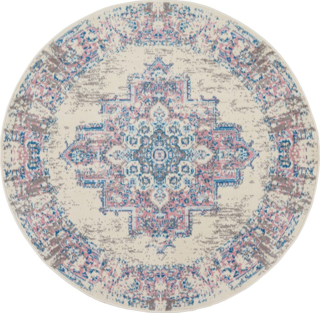 5′ Ivory Pink and Blue Medallion Distressed Round Rug
