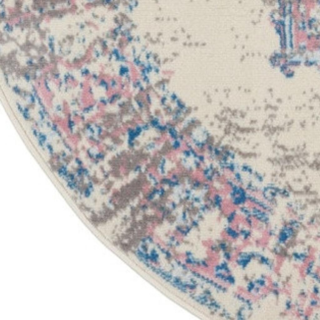 5′ Ivory Pink and Blue Medallion Distressed Round Rug