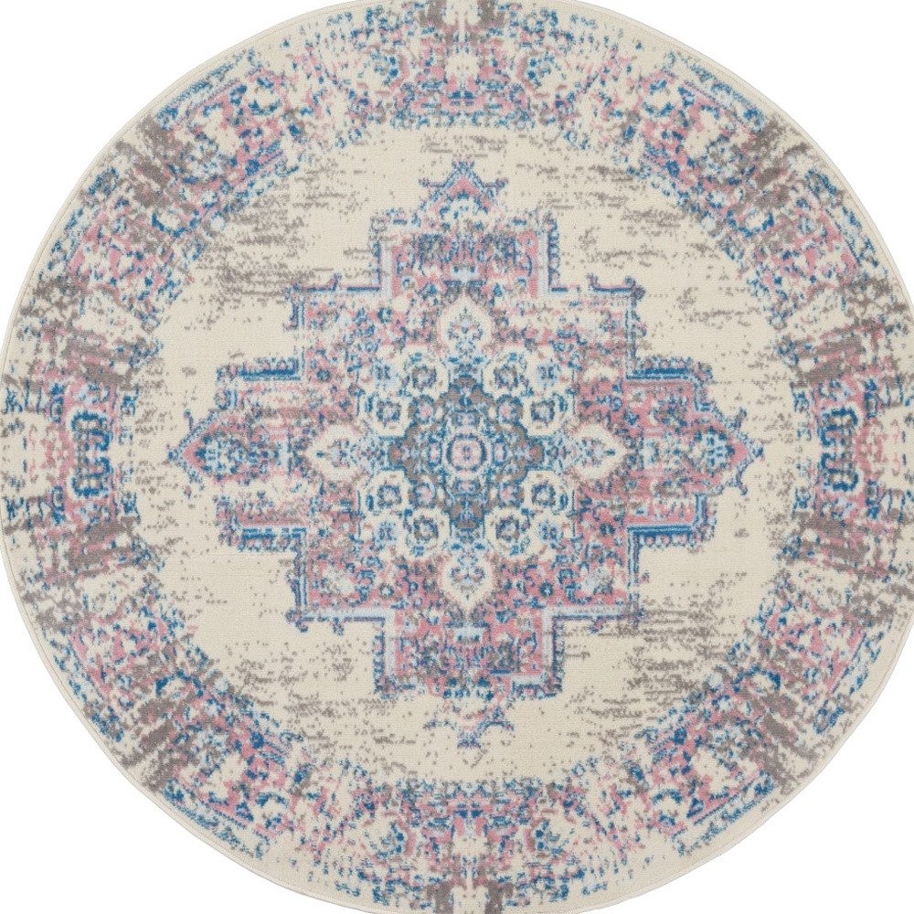 5′ Ivory Pink and Blue Medallion Distressed Round Rug