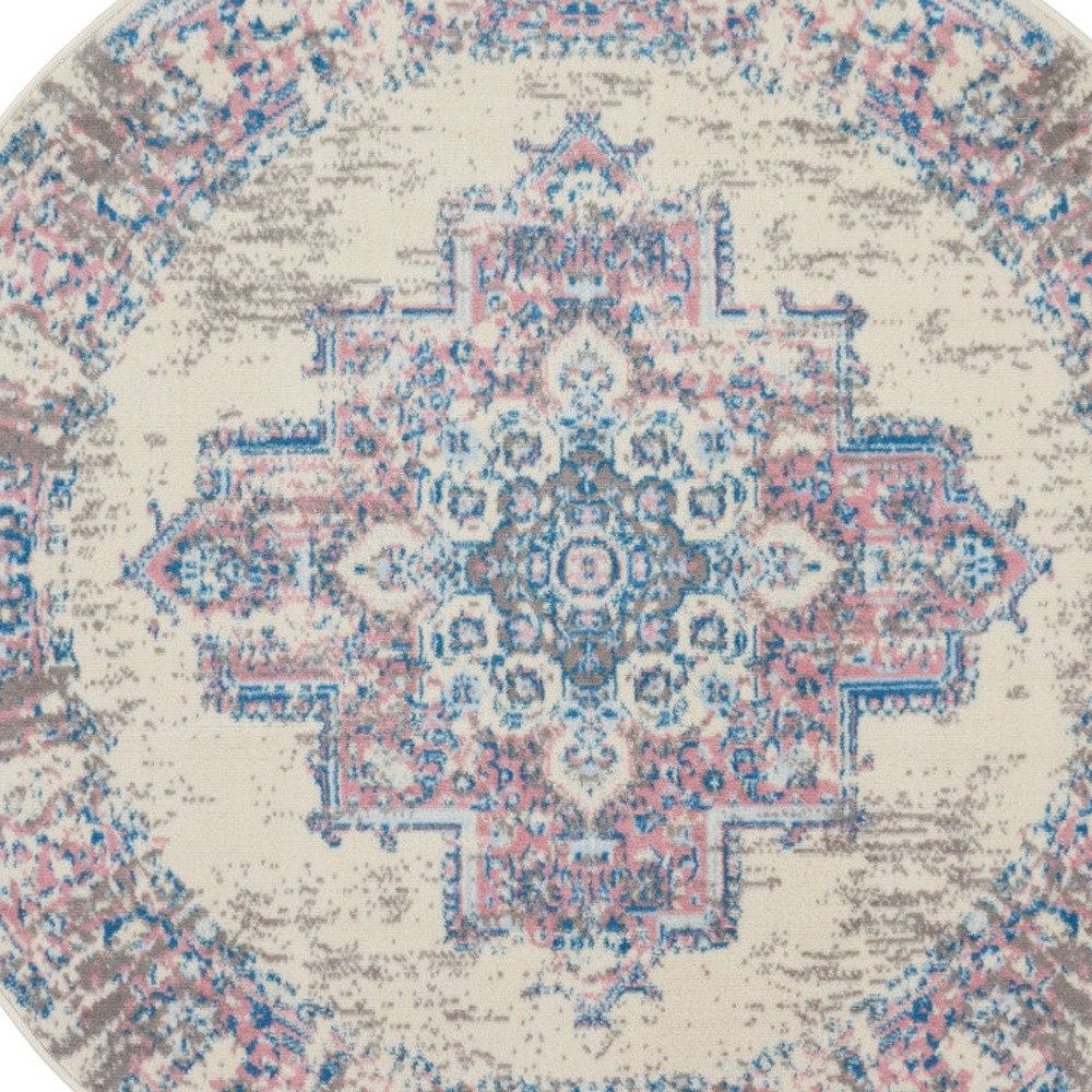 5′ Ivory Pink and Blue Medallion Distressed Round Rug