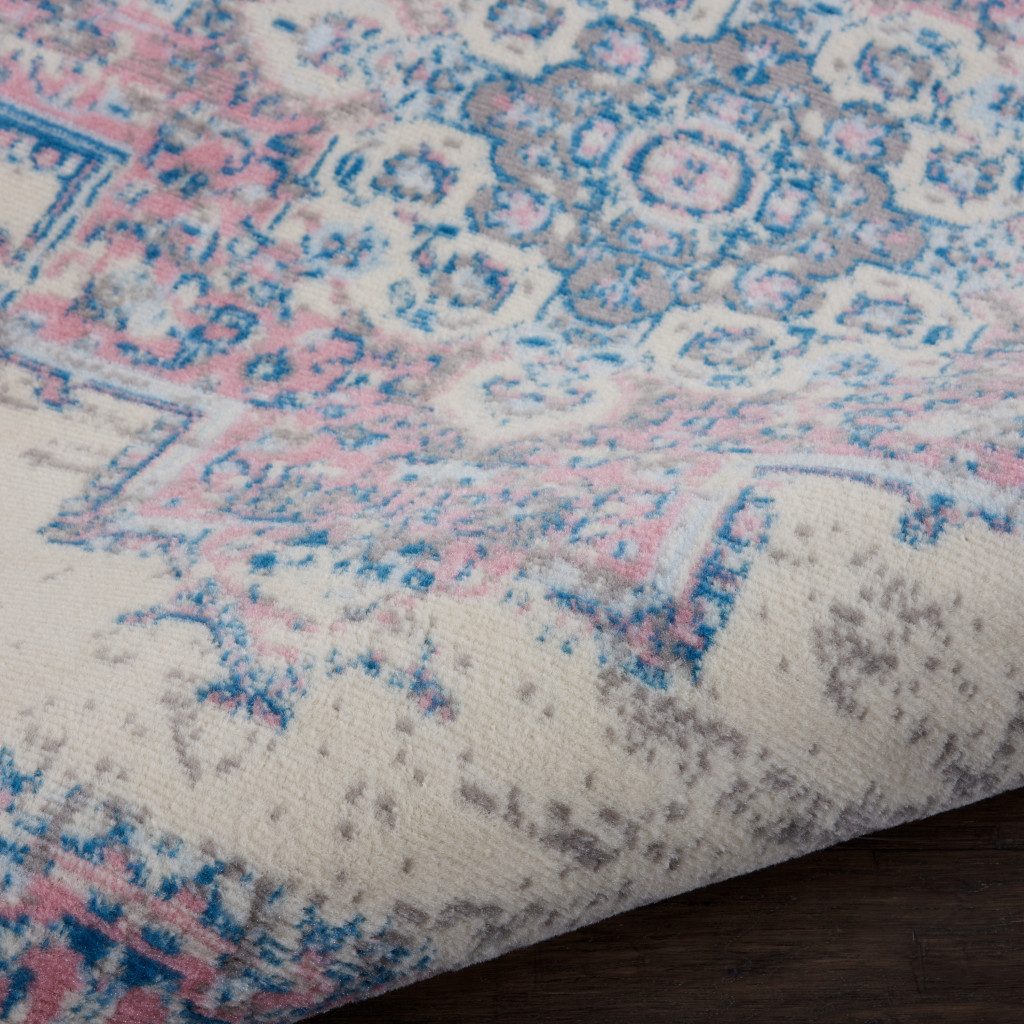 5′ Ivory Pink and Blue Medallion Distressed Round Rug